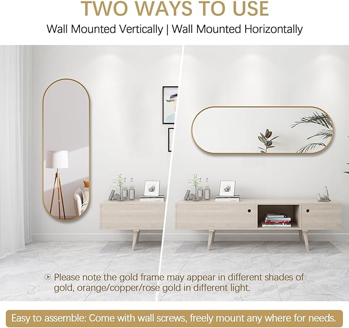 Niccy 48"×16" Oval Full Length Mirror, Long Oval Mirror with Unique Metal Frame Large Explosion-Proof Hanging Mirror for Living Room, Decorative Vanity Mirror for Bathroom, Bedroom, Gold