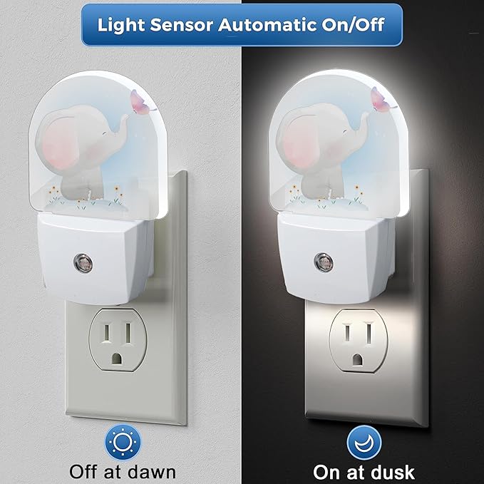 Cute Little Elephant Play Butterfly Dusk to Dawn Night Light Auto Sensor Lamp Home Indoor Stairway Kitchen Corridor Night Lights Plug Into Wall Décor Boys Girls Women Men Room Gifts