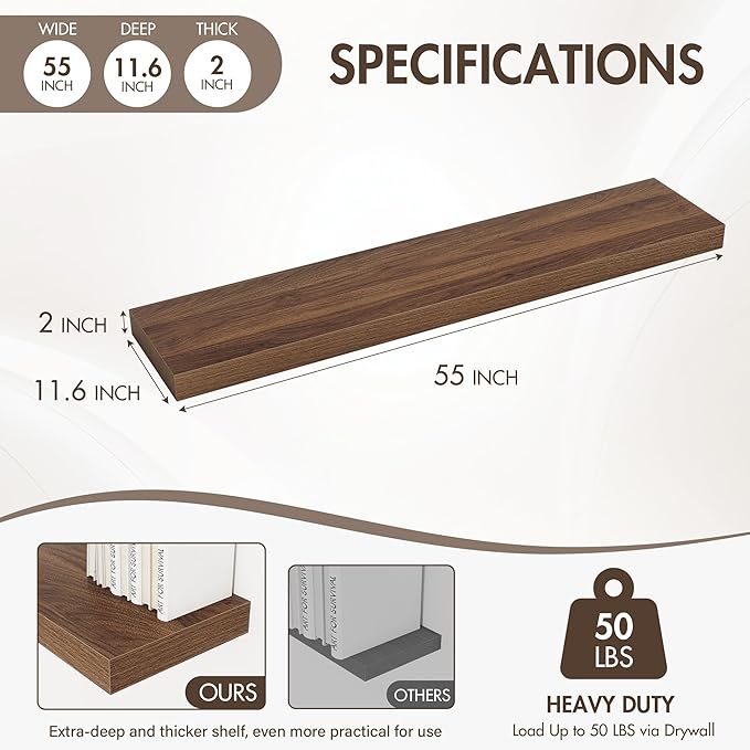 Acovy 55 Inch Floating Shelves, 12" Deep Floating Shelf Wall Mounted, 55" Wall Shelves, Rustic Deep Bookshelf, Extra Deeper & Thicker Display Shelves for Bedroom, Living Room, Walnut, Set of 2