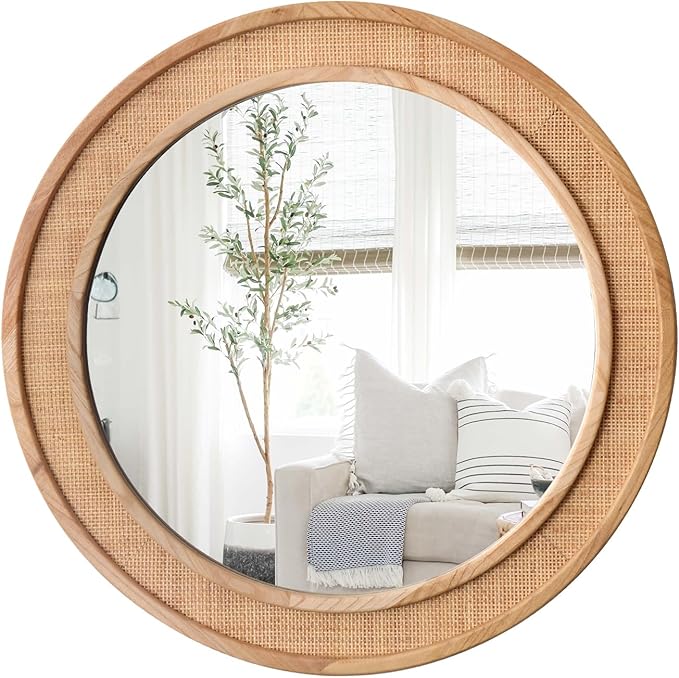 Round Rattan Mirror, 30" Circle Wall Mirror, Farmhouse Wooden Vanity Mirror with Handmade Wicker Frame, Decorative Boho Mirror for Nursery Bedroom Living Room Entryway Nature