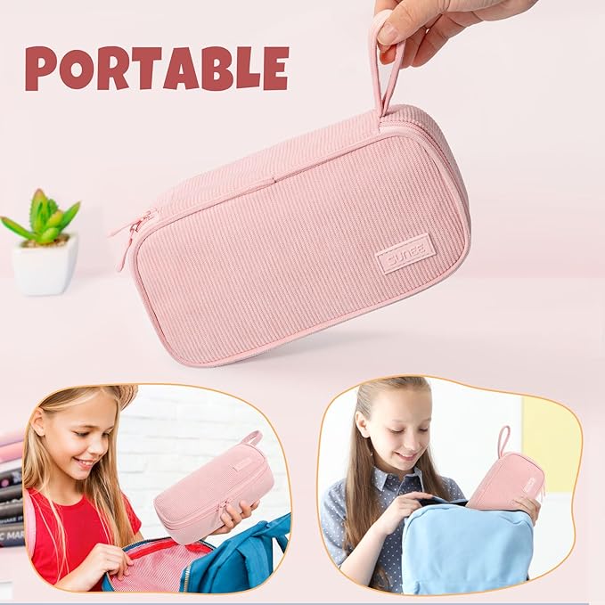 SUNEE Cute Pencil Case, Large Capacity Pencil Pouch Aesthetic Zipper Pencil Bag, Big Storage Pen Organizer for Stationery, Soft Corduroy Pencil Box Back to School Supplies for Teen Girls Boys, Pink