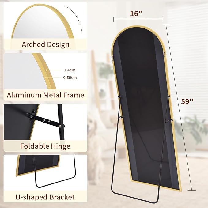 59"x16" Arched Mirror Full Length, Standing Floor Mirror, Wall Mounted Mirror with Aluminum Frame - for Standing, Leaning or Hanging, for Living Room Dressing Room, Gold