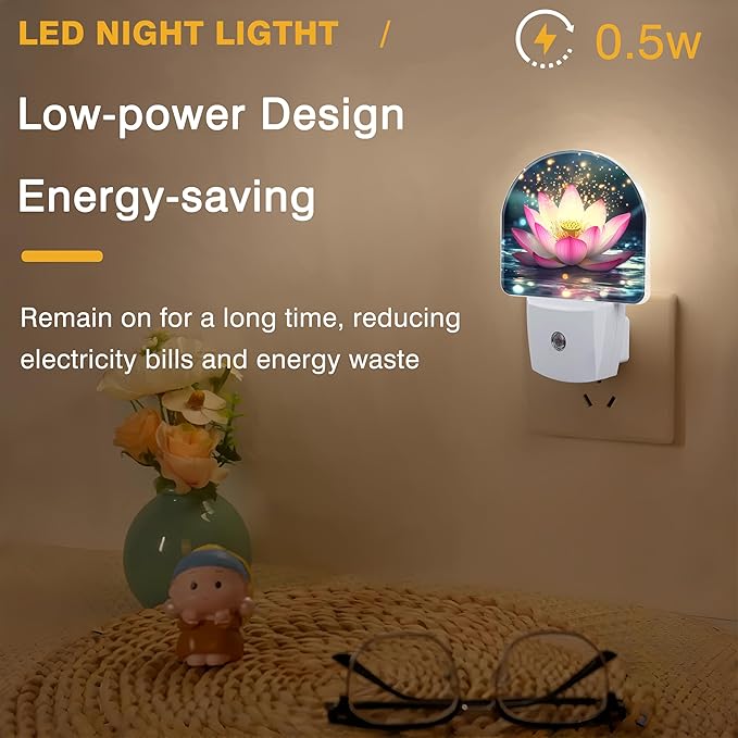 Night Lights Plug into Wall Sparkle Pink Lotus Night Light Dusk to Dawn Smart Sensor Decorative Round Led Lamp for Bedroom Kitchen Hallway Nightlight for Women Men