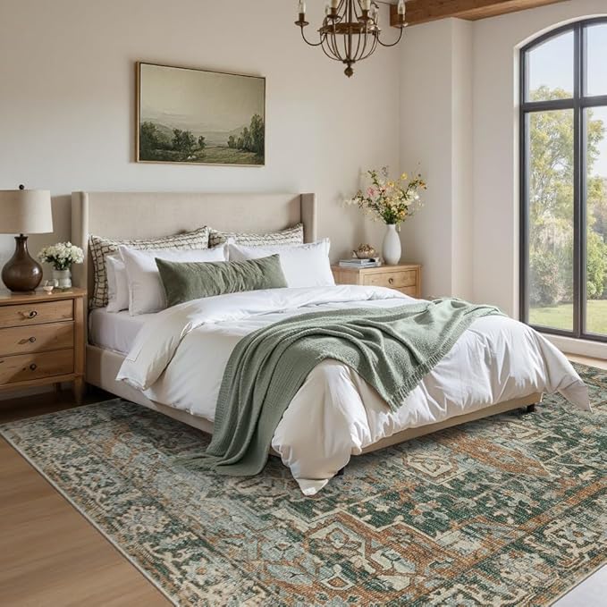 Rugxara 5x7 Area Rugs for Living Room Bedroom, Washable Rug, Green Vintage Retro Boho Rug, Non Slip & Low Pile Faux Wool Thin Carpet for Indoor Dining Room and Kids Room(Green/Brown 5x7ft)