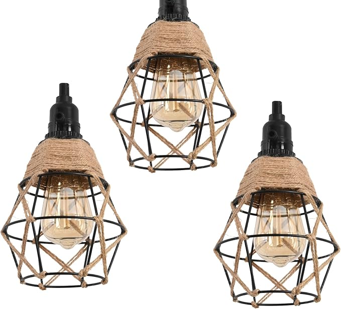 3-Light Hanging Light with Plug in Cord,Plug in Pendant Light 22ft Hemp Rope Pendant Lighting Vintage 3-Light Hanging Lamp Fixtures for Kitchen Island Living Room Bedroom