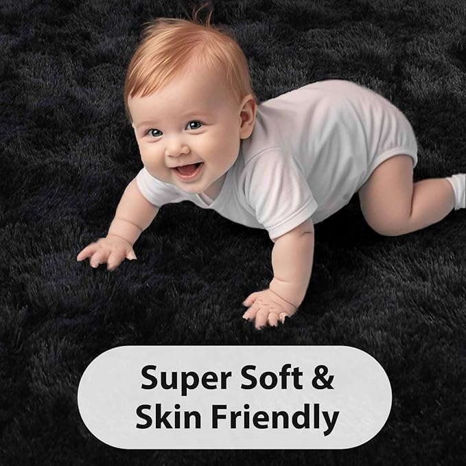 FinRèc 6x9 Feet Black Rugs for Bedroom Living Room, Plush Shag Area Rug, Non-Slip Fluffy Furry Rug for Nursery Kids Room Dorm Room Home Decor, Indoor Shaggy Floor Carpet