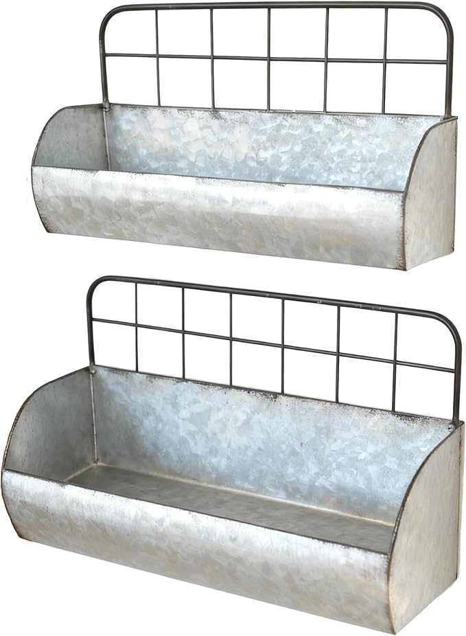 ShabbyDecor Galvanized Metal Farmhouse Wall Storage Holder Rustic Tin Shelves for Kitchen Laundry Room Bathroom Metal Hanging Wire Basket Set of 2