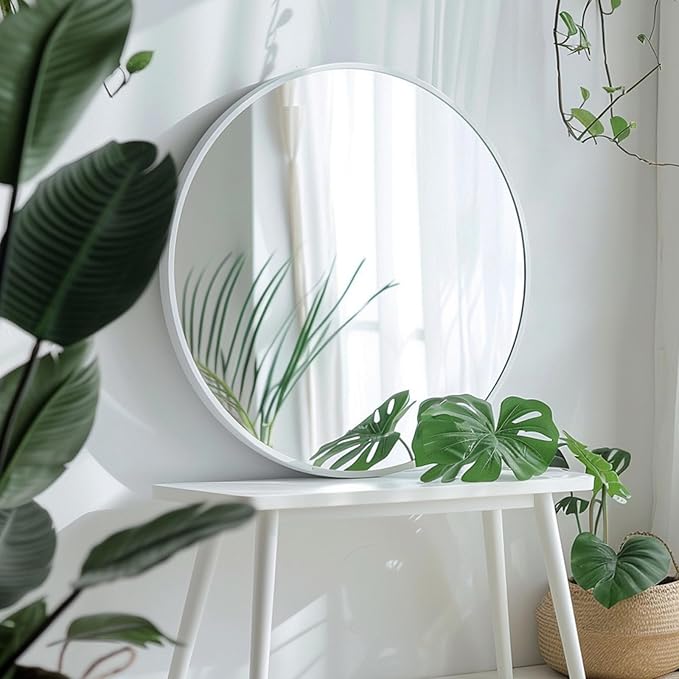 Sunniry White Round Mirror 30 inch, Large Round Mirror, Bathroom Mirror Matte Metal Frame, Circle Mirrors for Living Room, Bathroom, Wall, Hallway.