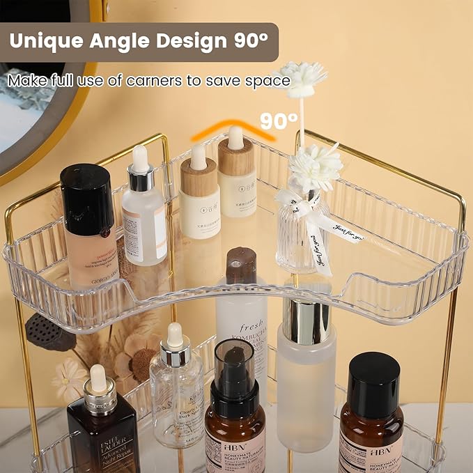 90 Degree Corner Shelf Organizer, 3 Tier Bathroom Countertop Storage Rack, Space Saving Desktop Organizer for Makeup, Skincare, Perfumes, Kitchen Pantry, Transparent 3 Layer Display Shelf