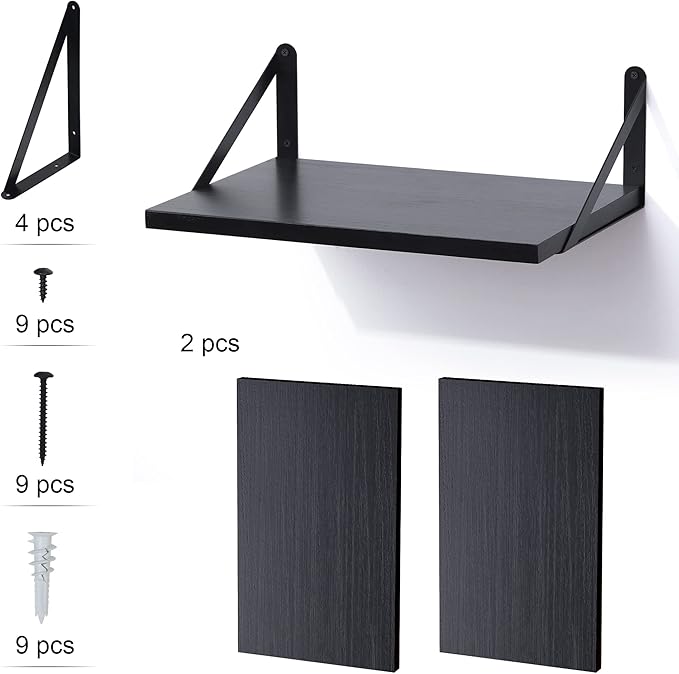 Marsmiles Black Floating Shelves for Wall, 12 Inch Deep Wood Wall Mounted Shelves Set of 2, 16W x 12D Wide Floating Wood Shelves for Bathroom Bedroom Kitchen Living Room, Black