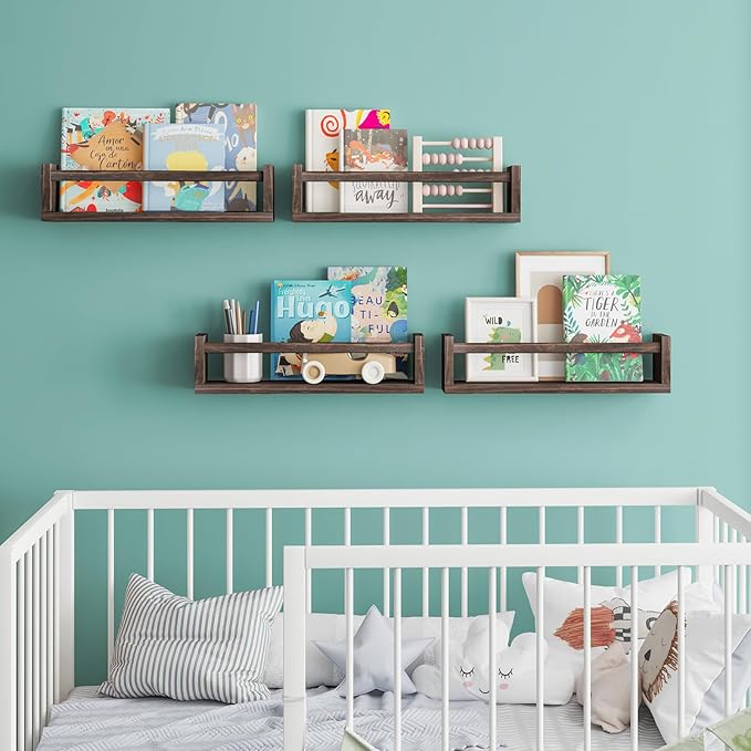 Fixwal Nursery Book Shelves, 16.5 Inch Nursery Shelves for Kids Rooms, Floating Shelves for Wall Set of 4, Solid Wood Wall Mounted Shelves for Books and Toys Storage (Brown)