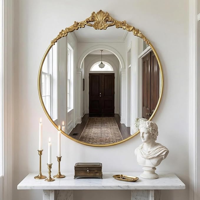 Vintage Baroque Round Wall Mirror 24" Circle Gold Mirror for Bathroom Antique Ornate Carved Frame Accent Mirror for Living Room Bedroom Entryway Vanity