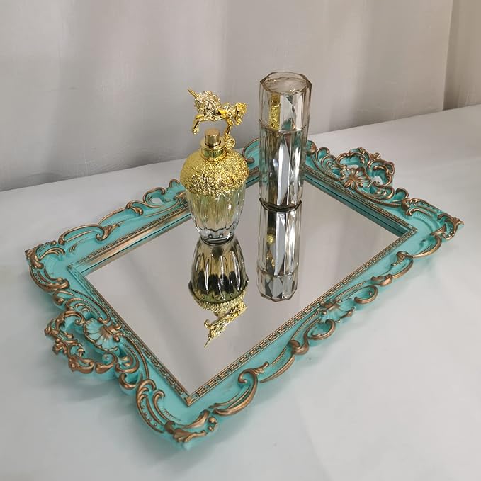 Shell Rectangle Decorative Mirror Tray, French Style, Makeup Organizer, Jewelry Organizer, Serving Tray, 8.2"x 12.9", Golden Blue