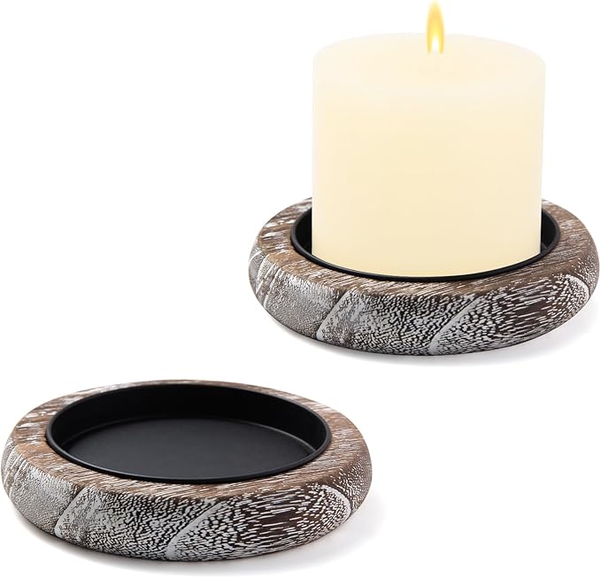 Hatway Wood Candle Holder Farmhouse Decor Wooden Pillar Candles Tray for Table Centerpiece Small Decorative Tray Riser Round Wooden Plate Pedestal Stand for Coffee Table for Christmas Decor-Bai-2