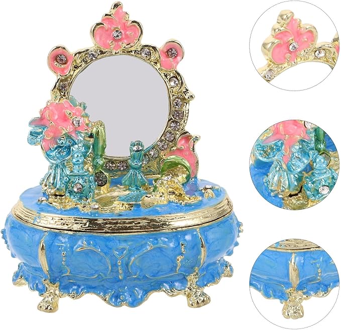 POPETPOP Enamel Jewelry Trinket Box Hand-painted Metal Decorative Storage Case with Hinged Lid Blue for Dressing Table Makeup Room Organizer