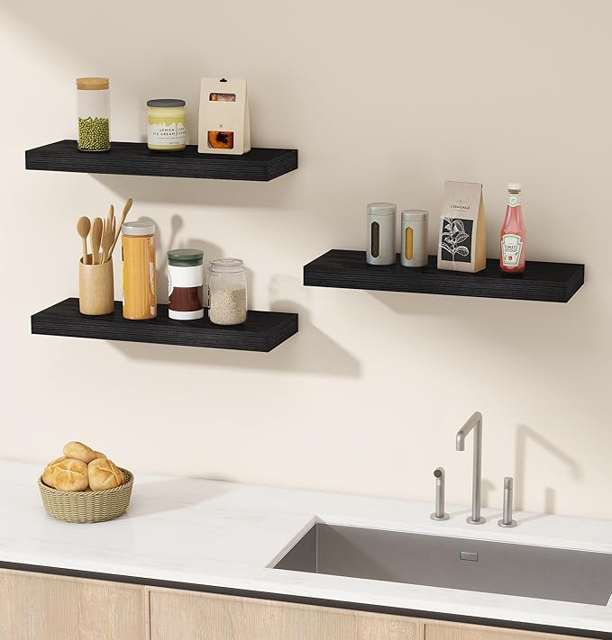 Vervida® Home Decor Floating Shelves for Wall 3 Pack 17" W x 6.8" D Black Shelves for Bedroom, Living Room, Kitchen, Bathroom Decor Hanging Shelves for Wall Storage Shelf
