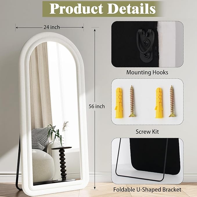 Koonmi 56"x24" Full Length Mirror, Flannel Wall Mirrors, Velvet Arched Full Body Mirror with Stand, Hanging or Leaning Against Wall for Bedroom Living Room, White