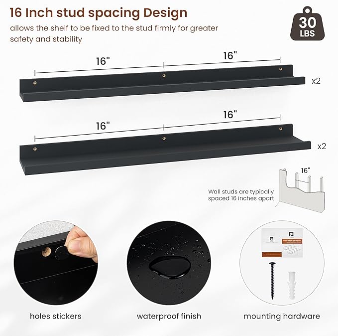 Axeman Picture Ledge Shelf | 36 Inch Black Floating Shelves Set of 4 | Rustic Wood Wall Shelves with Lip | 36" Black Picture Shelves for Wall with Ledge | Photo Shelves