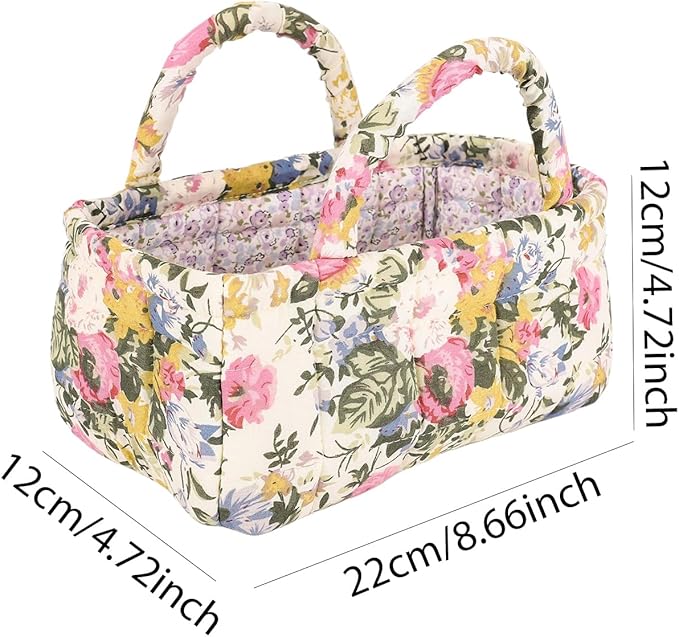 2Pcs Small Storage Basket Organizer, Mini Quilted Fabric Basket with Handle, Collapsible Storage Bin for Socks, Keys, Diapers