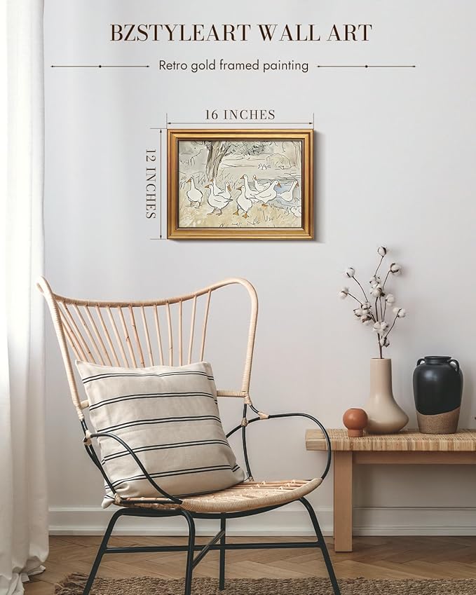 Bzstyleart Vintage Wall Art Decor for Living Room, Gold Framed Canvas Wall Decor Duck Painting Vintage Home Decor Aesthetic, Canvas Animal Prints, 12 x 16 Inch