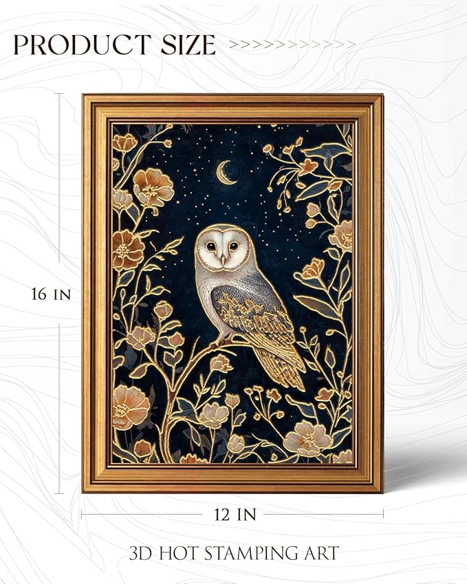 InSimSea Gold Framed Canvas Prints Wall Art, 3D Embossed Vintage Decor, Owl in Enchanted Forest Aesthetic Paintings, Dark Cottagecore Wall Decor for Bedroom Living Room Bathroom Shelf, 12x16inch