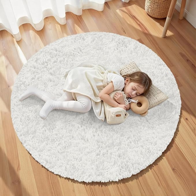 White Round Fluffy Rug 5ft,Soft Bedroom Circle Rugs Mats for Kids Girls Nursery Room,Washable Plush Shaggy Indoor Non Slip Rug for Bedside Living Room Bedroom Circular Carpet,Home Decor Aesthetic