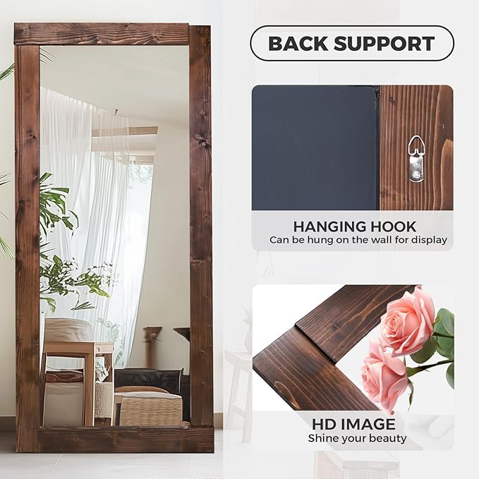 Full Length Mirror 71"x32" – Solid Wood Frame, HD Tempered Glass, Wall Mounted & Leaning, Rustic Modern Decor for Bedroom, Living Room, Entryway, Brown