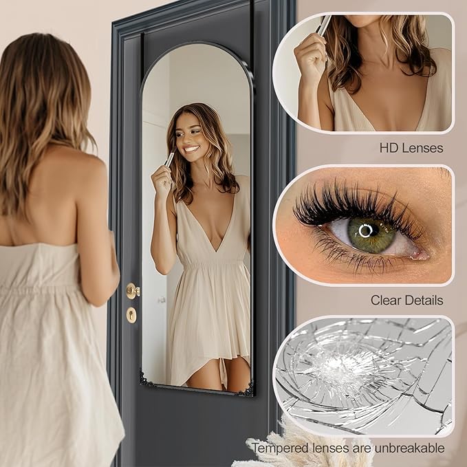 50"x16" Door Mirror, Arched Full Length Mirror, Over the Door Mirrors Full Length, Hanging Mirrors for Bedroom, Bathroom, Black