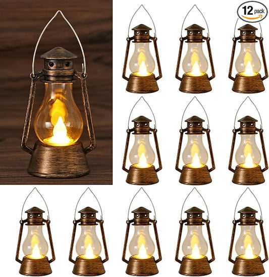 12Pcs LED Mini Vintage Lanterns Decor Indoor Decorative Outdoor Hanging Lantern Decorative Small Candle Lanterns Farmhouse Decor for Wedding Centerpiece,Halloween,Christmas,Farmhouse Decorative