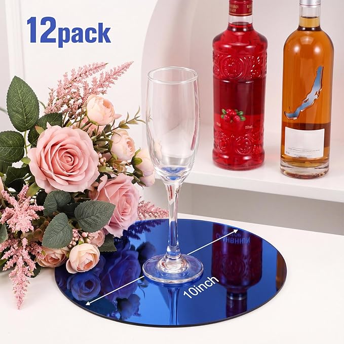 Thyle 12 Pcs 10 Inch Acrylic Round Mirrors for Tables Centerpieces Circle Mirrors Candle Plates for Wall Wedding Table Centerpieces for Baby Shower Party, Thickness 1 mm (Blue)