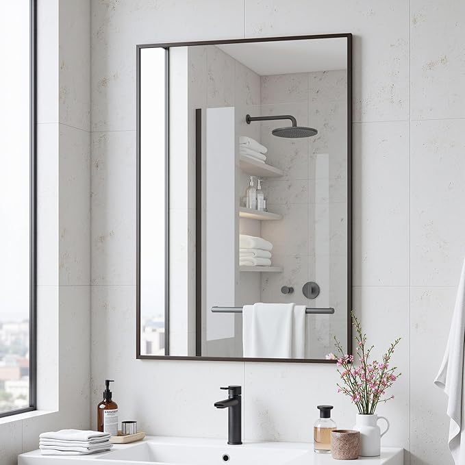 Antok 24x32 Black Metal Framed Bathroom Mirror, Wall Mirror with Rect Corners, Vanity Mirror for Over Sink, Anti-Rust Tempered Glass, Horizontal/Vertical Hanging for Bathroom, Living Room, Entryway