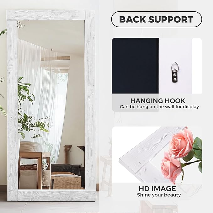 Full Length Mirror 71"x32" – Solid Wood Frame, HD Tempered Glass, Wall Mounted & Leaning, Rustic Modern Decor for Bedroom, Living Room, Entryway, White