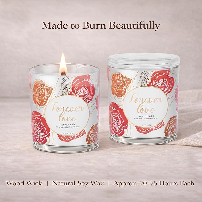 2 Pack Wood Wick Soy Wax Candle Gift Set for Women, Rose & Peony and Vanilla Amber, 11.3 Oz Each, Individually Boxed