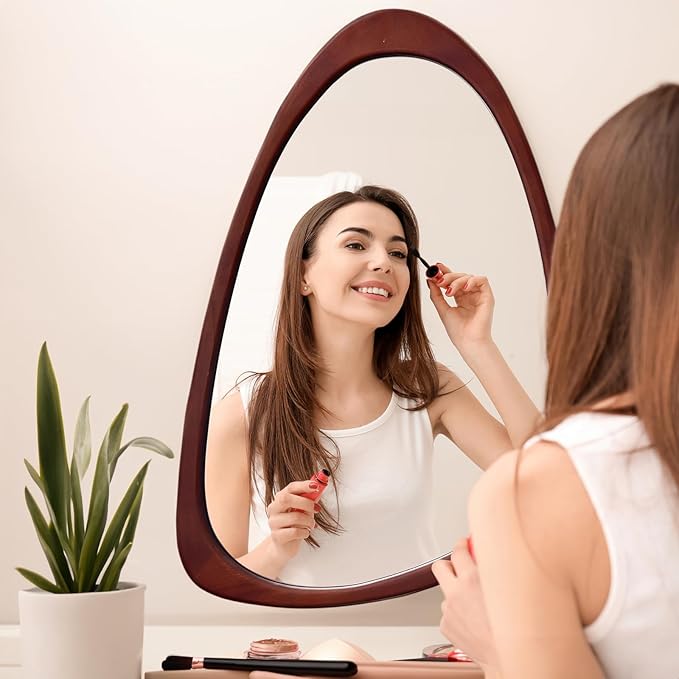 sawsile Irregular Wall Mirror for Bathroom,Wood Asymmetrical Rustic 19.5 x 30.5 inch Farmhouse Vanity Unique Walnut Decorative Large Mirror for Entryway,Bedroom,Living Room,Washroom