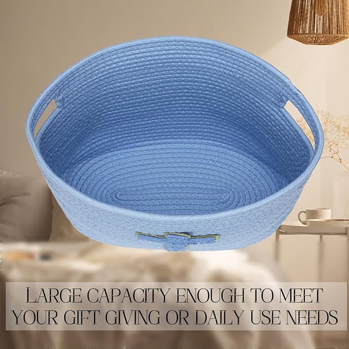 Sliner Baptisms Gifts Basket with Handles, Baptisms Cross Design Cotton Rope Basket Gifts Stuffers Storage for Christenings First Communions Religious Occasions, 15 x 10 x 9 Inch(Blue)