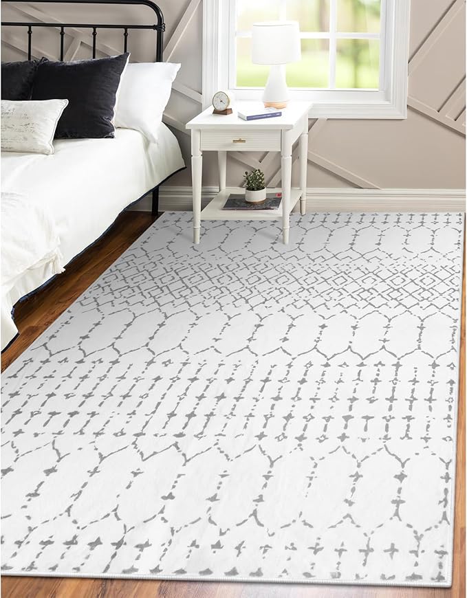 Lahome Moroccan Living Room Area Rug - Washable Rugs 4x6 Non-Slip Soft Throw Rugs for Bedroom White Lightweight Large Rug, Modern Geometric Print Low-Pile Capet for Classroom Office Dining Room Hana