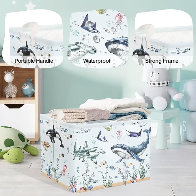 Ocean Animals Baby Laundry Hamper Collapsible Clothes Kids Storage Basket Large Boys Girls Gift Toy Box Bin for Nursery Room, Blue Shark, 36L