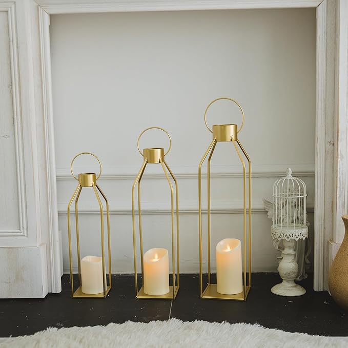 HPC DECOR Modern Farmhouse Lantern Decor- 22''19''16''Tall Large Gold Metal Candle Lanterns for Home Decor-Lanterns Decorative w/Timer Flickering Candles for Living Room,Outdoor,Fireplace Mantle Decor
