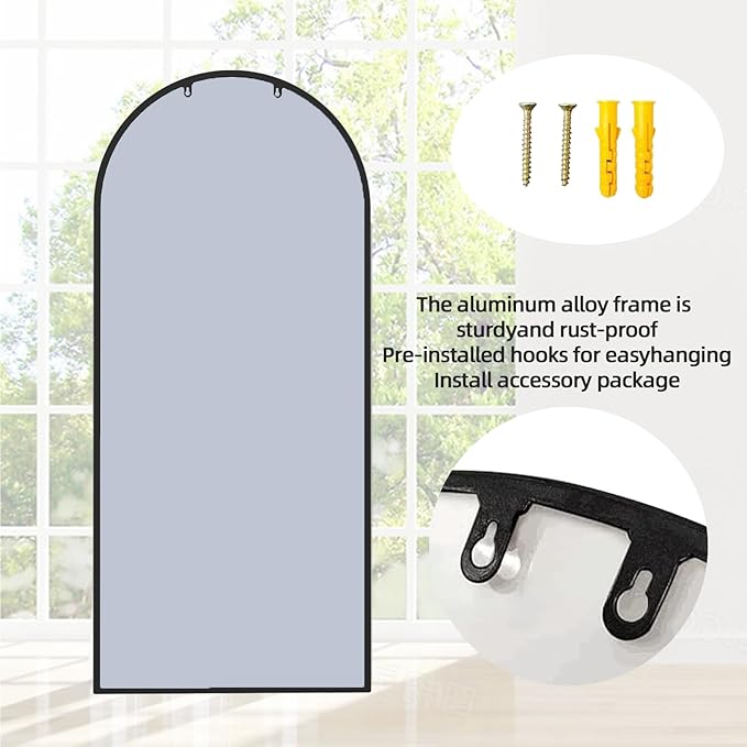 Rowjut Arched Wall Mirror 56" x 22" Window ＆ Wall Decorative Mirror, Iron Framed Window Pane Mirrors, Arched Top Wall Mirror for Entryway Living Room, Bedroom, Fireplace (Black)