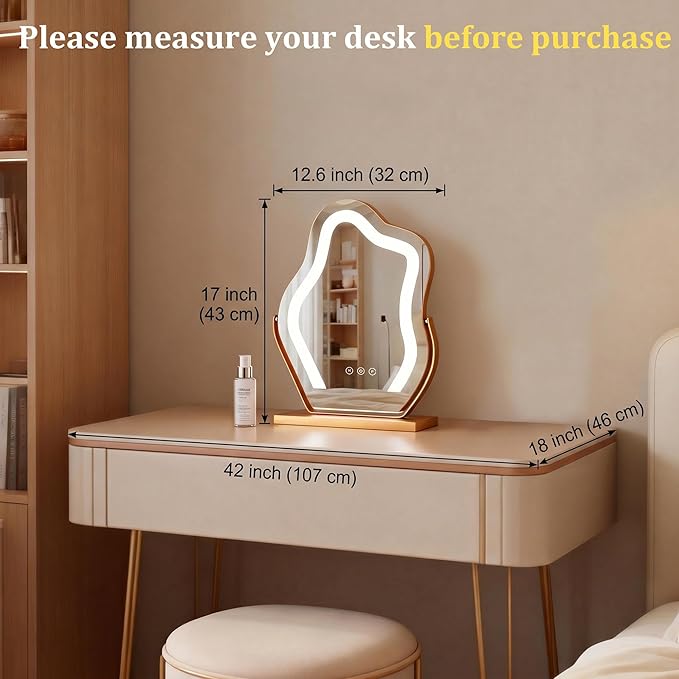 Makeup Mirror with Lights -17″ Cloud Shaped Smart Touch 3-Color Dimmable 360° Rotation Memory Metal Frame Plug-in AC Power Tabletop Vanity Mirror Gift for Women Teen Girls Gold