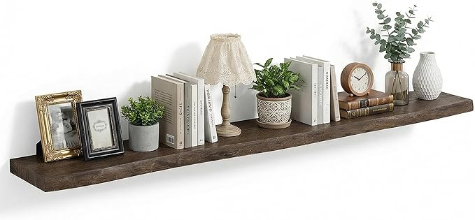 Vivelove Live Edge Floating Shelves for Wall Solid Elm Wood, Rustic Farmhouse Wall Shelf with Invisible Bracket for Living Room Bedroom Bathroom Office Book, 72 Inches - Set of 1 - Dark Walnut