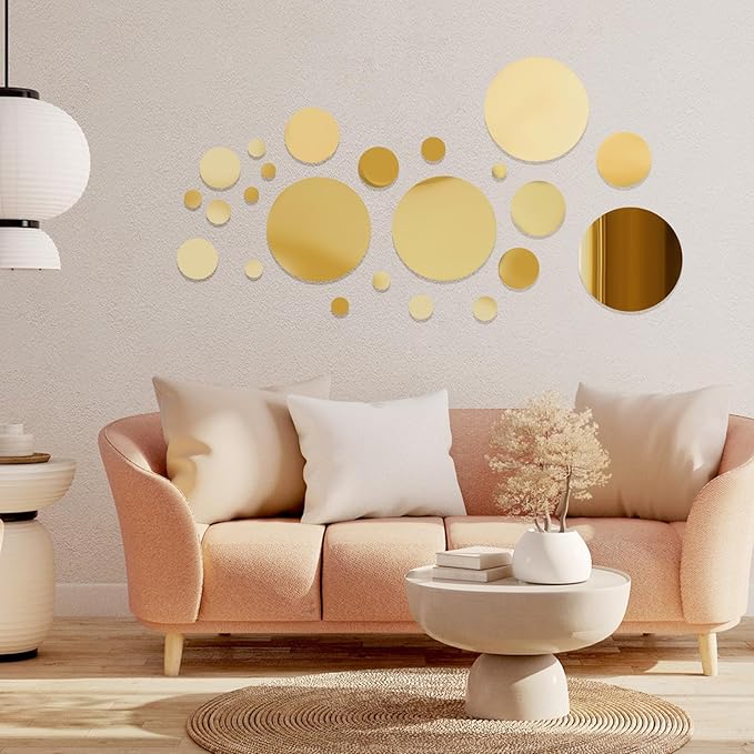 Shappy 32 Pieces Mirror Wall Stickers Removable Acrylic Setting Adhesive Round Circle Mirror Tiles Decals for Home Living Room Bedroom Decor (Gold,Medium Size)