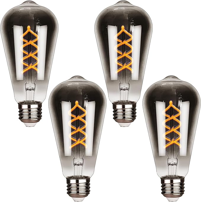 E26 ST64 LED Edison Bulbs 60 Watt Equivalent, 6W Dimmable Vintage Decorative Lights, 3000K Warm White Smoky Grey Glass Spiral Filaments Design, 4 Pack