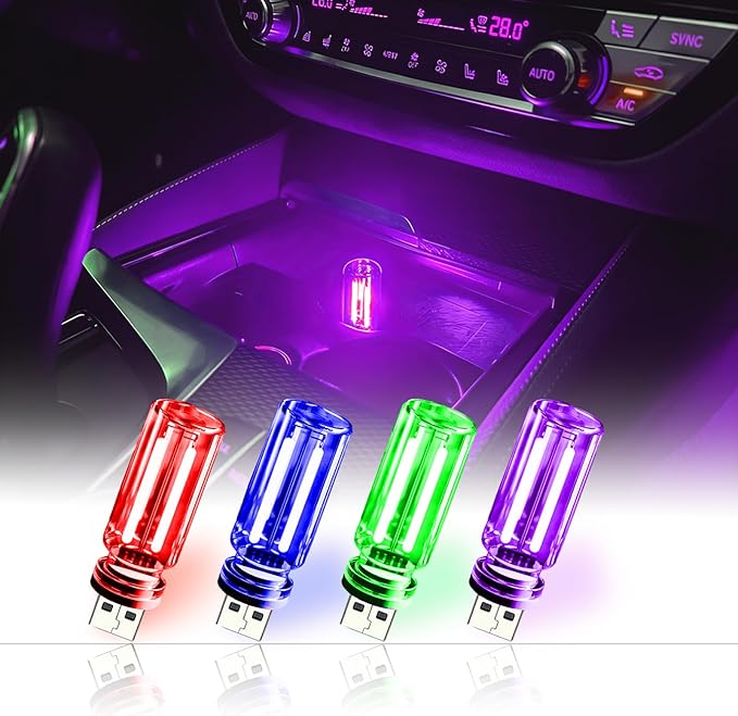 4 Pack USB Ambient Light Set, Mini Vintage Glass USB Night Lights with Touch Control & Dimmable, Plug in Car Interior Atmosphere Lamp for Bedroom, Laptop, Portable Mood Lighting(Red Blue Purple Green)