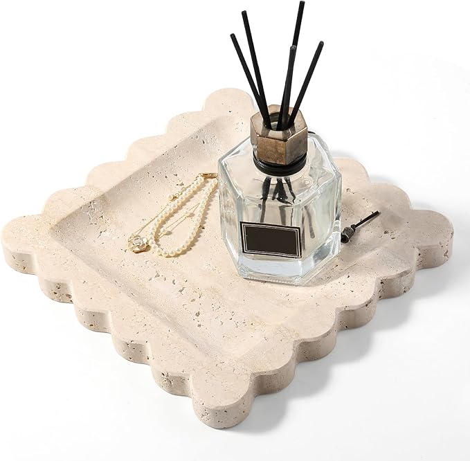 Travertine Decorative Tray, 7.8in Marble Scallop Edge Tray, Square Bathroom Trays for Jewelry Perfume, Vanity, Coffee Table, Beige Stone Trinket Dish for Woman, Dresser Décor Gift