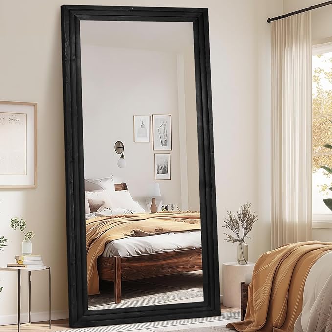 Full Length Wood Mirror 76x34 - Rustic Solid Wood Floor Mirror with Triple Layer Frame, HD Tempered Glass, Wall Mounted or Leaning Standing Mirror Vintage Black Mirror for Bedroom Bathroom Living Room