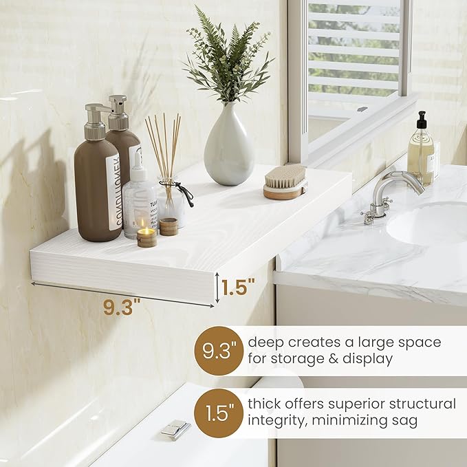 Fun Memories 48 Inch Floating Shelves in White, 9.3 Inch Deep Wall Shelves for Bathroom, Living Room, Bedroom, Kitchen, Deep Long Shelf Wall Mounted 1 Pack Shelf for Books, Decor