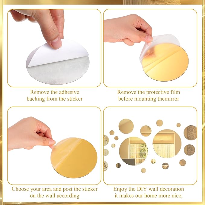 Shappy 32 Pieces Mirror Wall Stickers Removable Acrylic Setting Adhesive Round Circle Mirror Tiles Decals for Home Living Room Bedroom Decor (Gold,Medium Size)