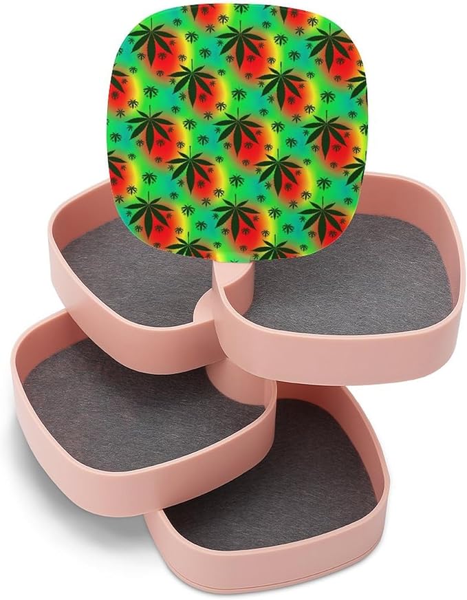 4-Layers Rotating Jewelry Box with Mirror Small Jewelry Storage Box Earring Holder for Bracelets Rings (Rasta Leaf Weedleaf)