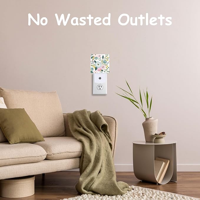 Spring Flowers Night Light,Pink Green Floral Plug-in Night Light Auto Dusk-to-Dawn Sensor Energy Efficient LED Lamp for Room Decor,Hallway,Kitchen,Bathroom,Nursery,Stairs